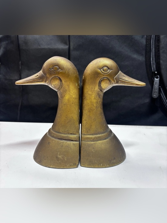 Other - VINTAGE SOLID BRASS DUCK HEAD BOOK ENDS LARGE 10” Tall MADE IN KOREA Unlacquered